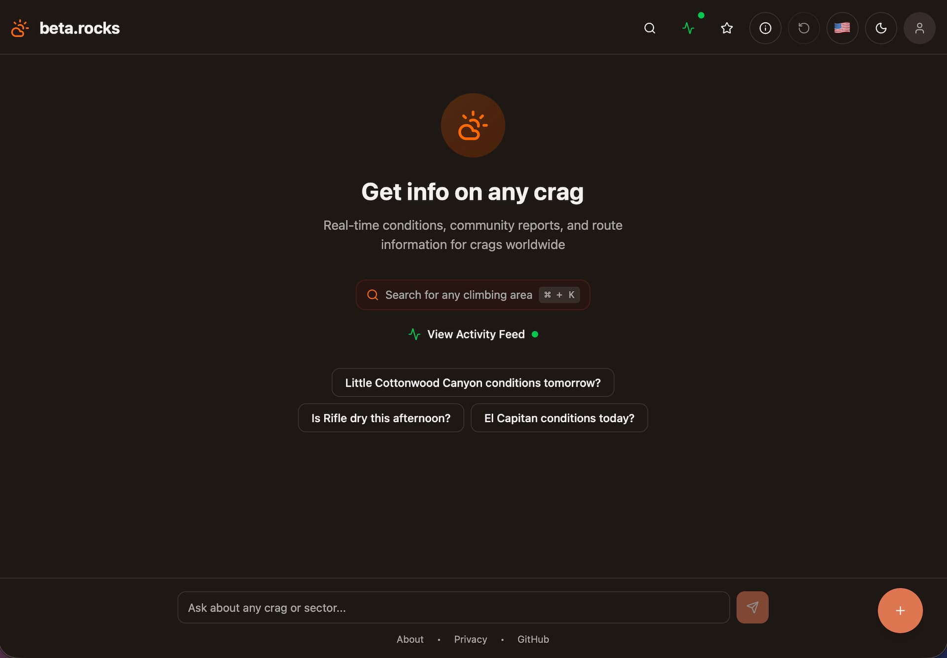 beta.rocks app screenshot showing chat interface and climbing conditions